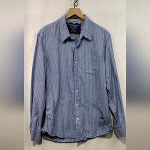 Vintage American Eagle Stripped Engle Print Oxford Button Shirt Mens L Blue